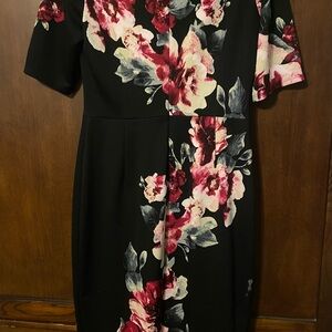 White House Black Market Asymmetrical Black Dress with Pink Floral